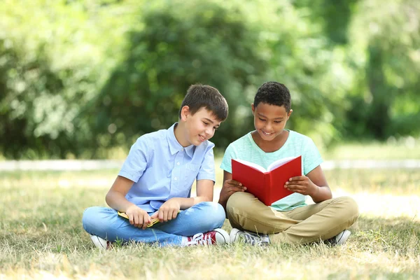 Lindos Chicos Leyendo Libros Sobre Hierba Verde — Foto de Stock