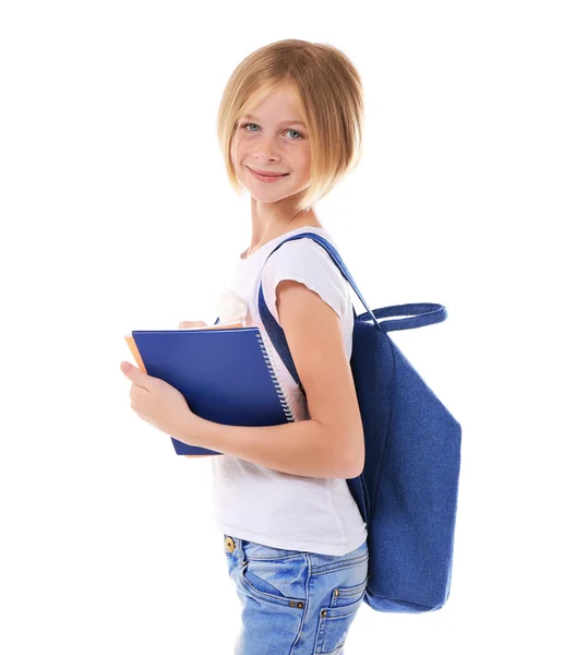 Beautiful schoolgirl on white — Stock Photo, Image