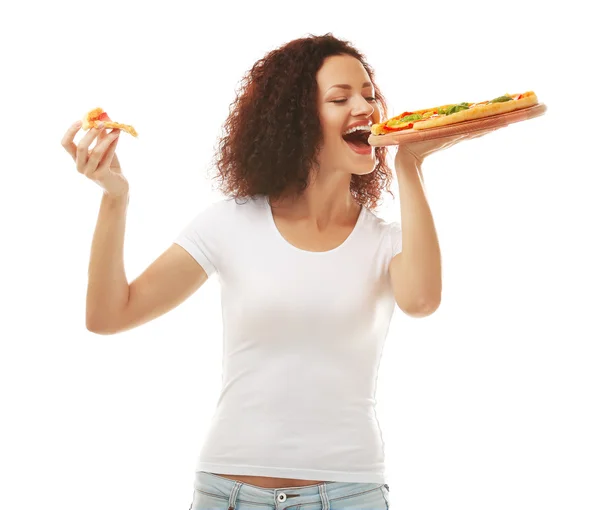 Vacker ung kvinna med välsmakande pizza — Stockfoto