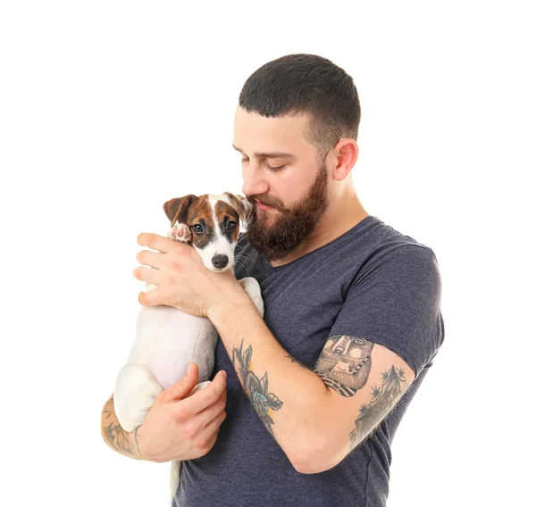 Handsome man with cute dog, isolated on white — Stock Photo, Image