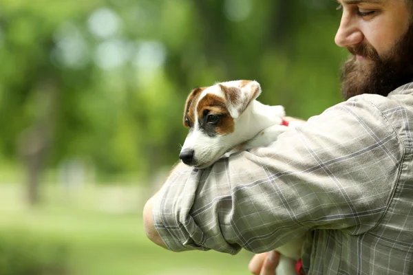Man met schattige hond in voorjaar park — Stockfoto