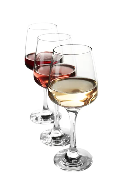 Glasses with different wine in a row, isolated on white — Stock Photo, Image