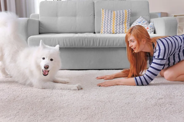 Girl having fun with Samoyed dog — Stock Photo, Image