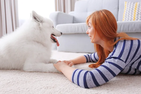 여자 Samoyed 강아지와 재미 — 스톡 사진
