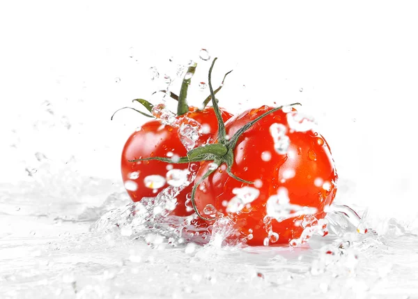 Frische Tomaten im Spritzwasser isoliert auf weiß — Stockfoto