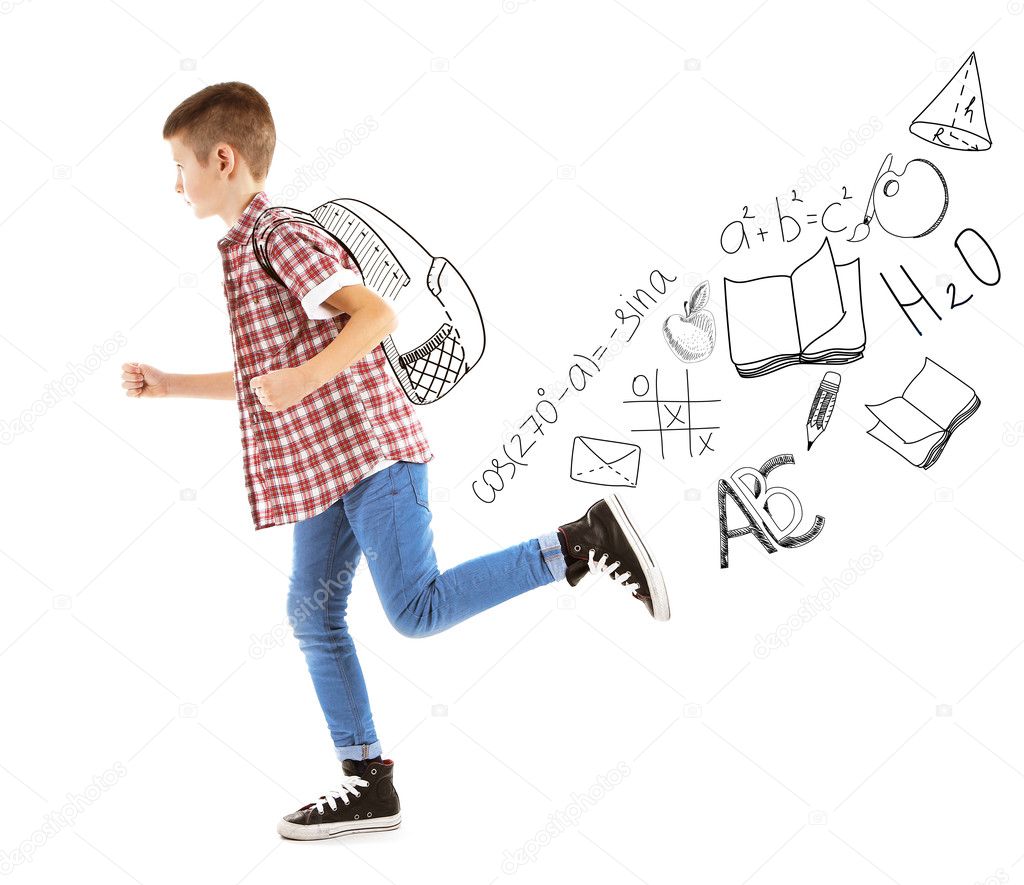 Running little boy with back pack and pictures of school theme isolated on white