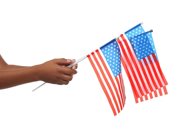 Boy hands holding American flags — Stock Photo, Image