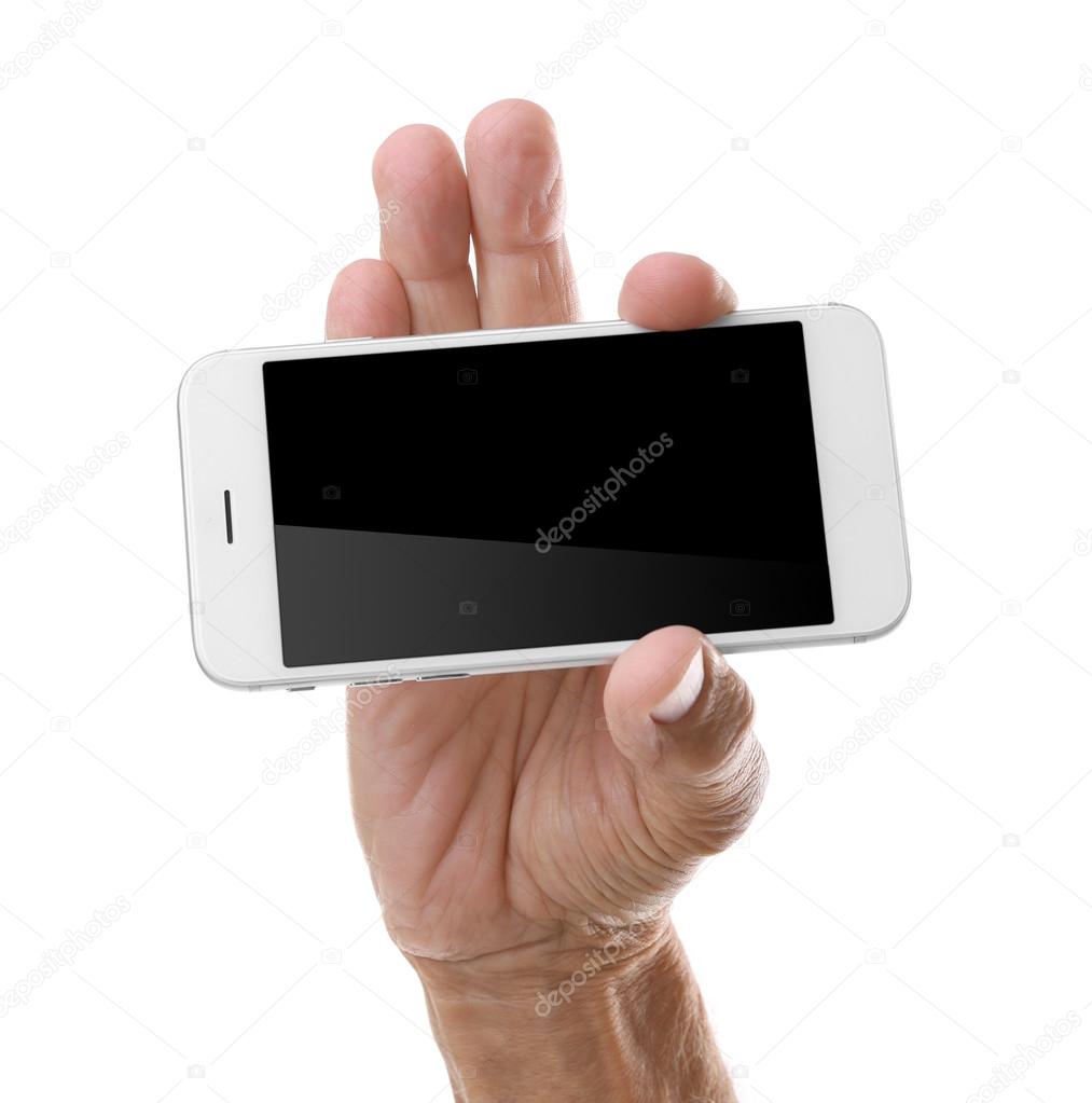 Old man holding smartphone
