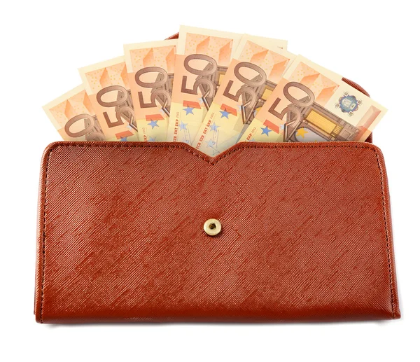 欧元纸币的棕色皮革钱包 — 图库照片