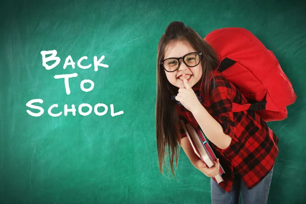 School Concept Cute Girl Backpack Holding Book Blackboard Background Text — Stock Photo, Image