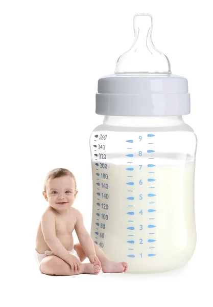 Cute Baby Sitting Big Feeding Bottle Milk White Background — Stock Photo, Image