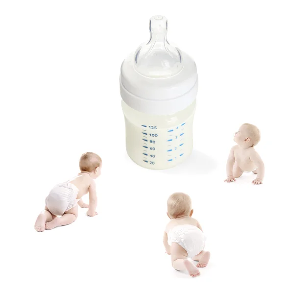 Cute Babies Crawling Big Feeding Bottle Milk White Background — Stock Photo, Image