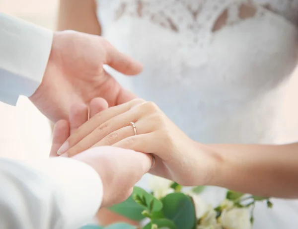 Groom and bride holding hands — Stock Photo, Image