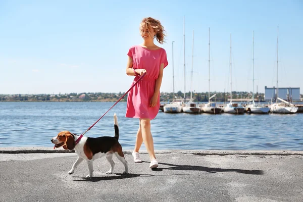 Jovem mulher andando cão — Fotografia de Stock