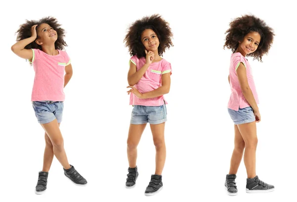 Κολάζ Από Μικρό Χαριτωμένο Κορίτσι Διασκεδάζοντας Λευκό Φόντο — Φωτογραφία Αρχείου