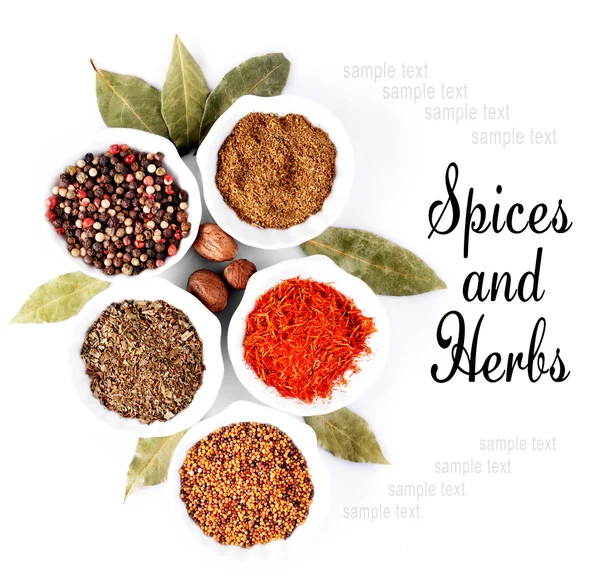 Different kinds of spices in ceramics bowls isolated on white — Stock Photo, Image