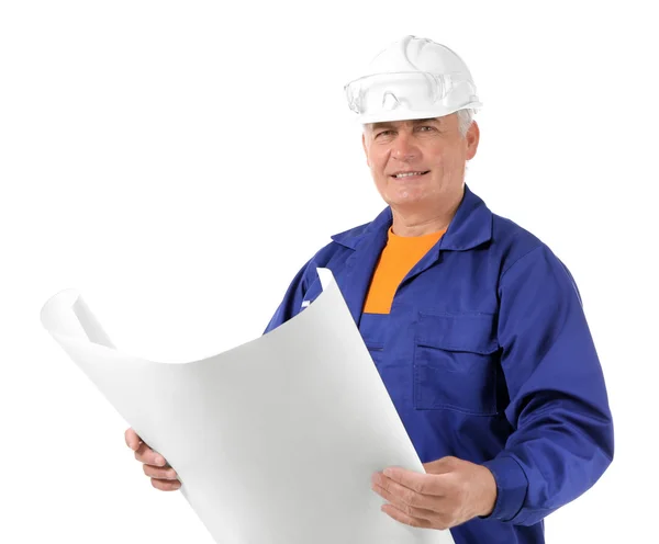 İnşaat işçisi ile planı, üzerinde beyaz izole — Stok fotoğraf