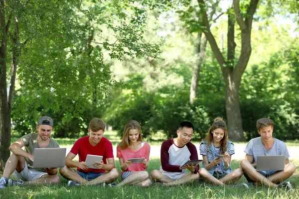 Junge Leute Mit Gadgets Park — Stockfoto