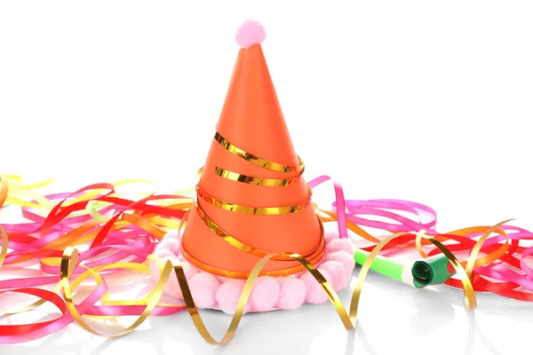 Holiday hat and party decor on white background — Stock fotografie