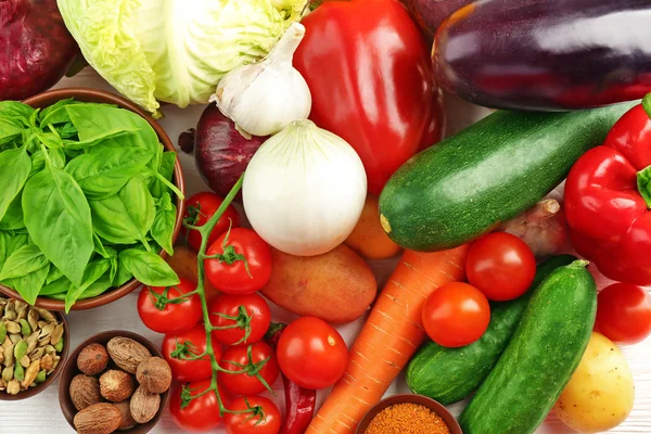 Vegetables and spices on wooden table, closeup — Stock Photo, Image