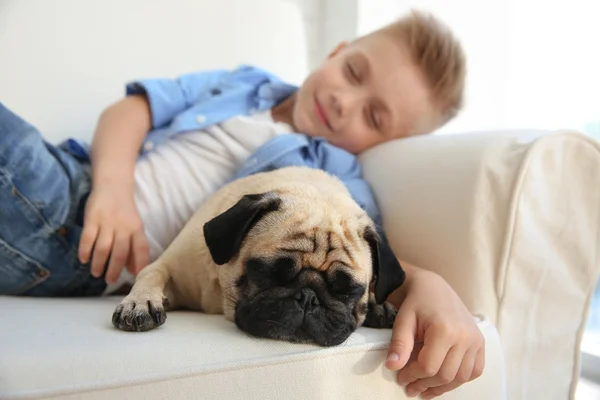 Jongen met pug dog op Bank — Stockfoto