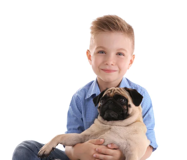 Cute boy with pug dog — Stock Photo, Image