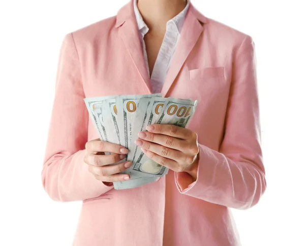 Woman with money on white background — Stock Photo, Image