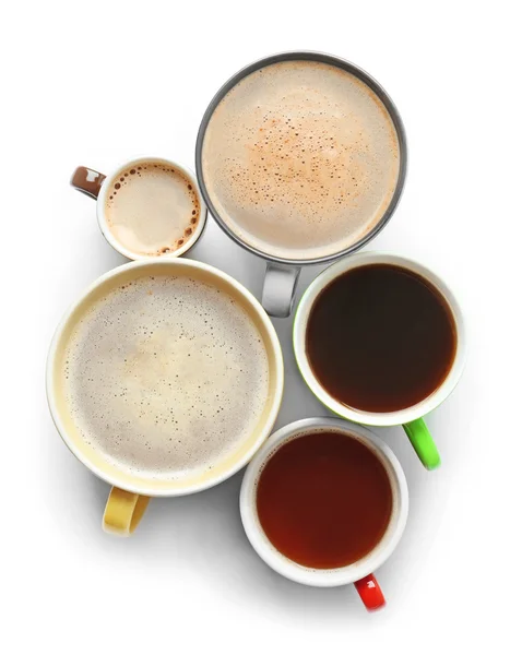 Tassen Kaffee auf weißem Hintergrund, Draufsicht — Stockfoto