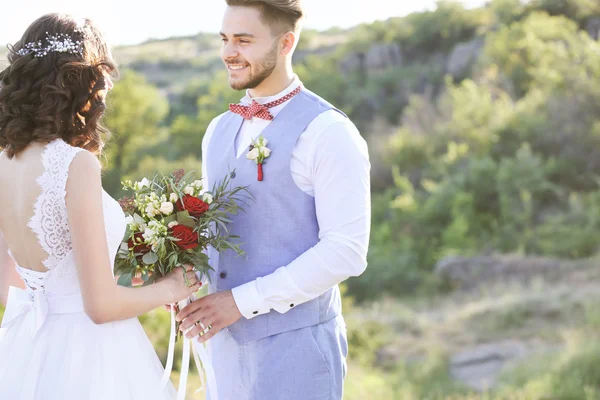 Bride and groom and beautiful landscape — Stock Photo, Image