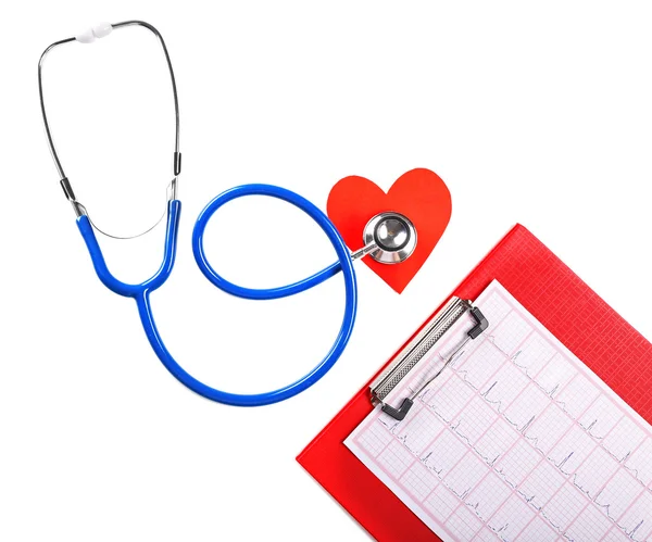 Stethoscope, cardiogram and red heart on white background — Stock Photo, Image