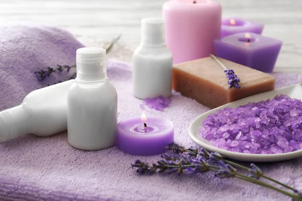 Beautiful spa composition with lavender, closeup — Stock Photo, Image