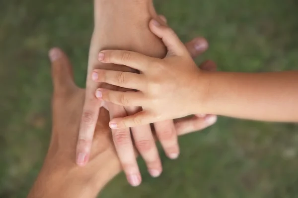 Familie handen op groen gras achtergrond — Stockfoto