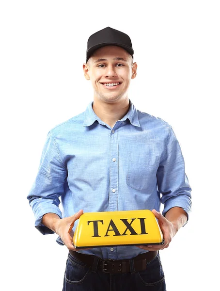 Uomo tenendo luce tetto taxi — Foto Stock