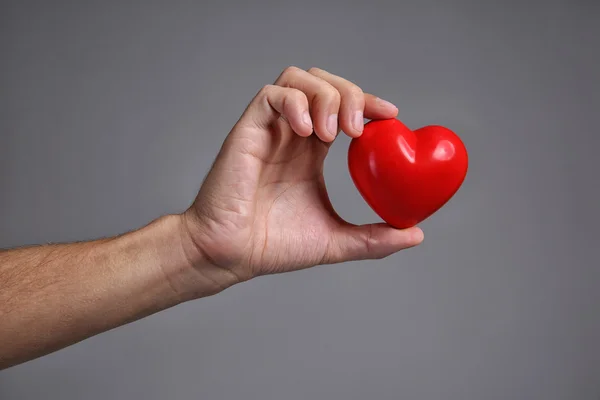 Male hand holding red heart on grey background — Stock Photo, Image