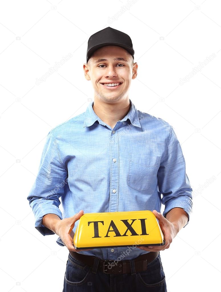 man holding taxi roof light