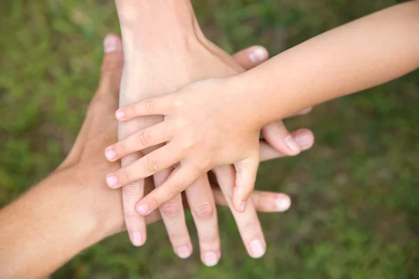 Mâini de familie pe fundal verde iarbă — Fotografie, imagine de stoc