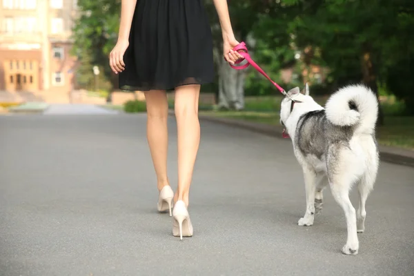 Femme marche avec chien — Photo