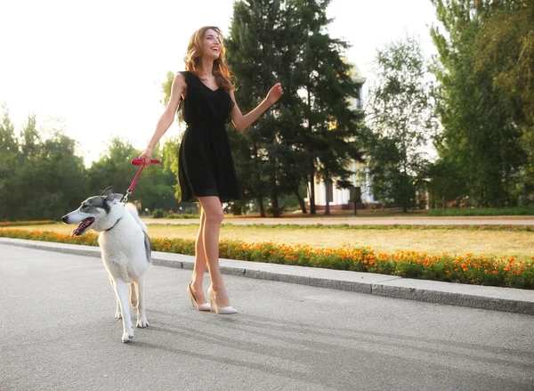 Köpeğiyle gezen kadın. — Stok fotoğraf