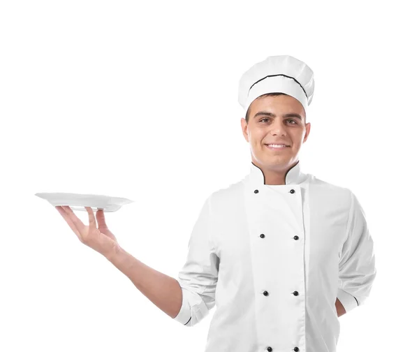 Jonge Knappe Chef Kok Met Geïsoleerd Een Witte Plaat — Stockfoto