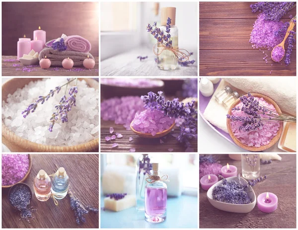 Collage de composiciones SPA de lavanda. Concepto de tratamiento de belleza . — Foto de Stock