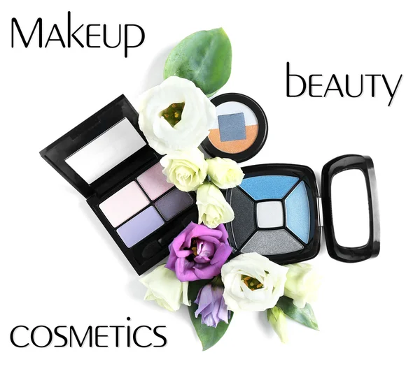 Eye shadows and flowers on white background — Stock Photo, Image