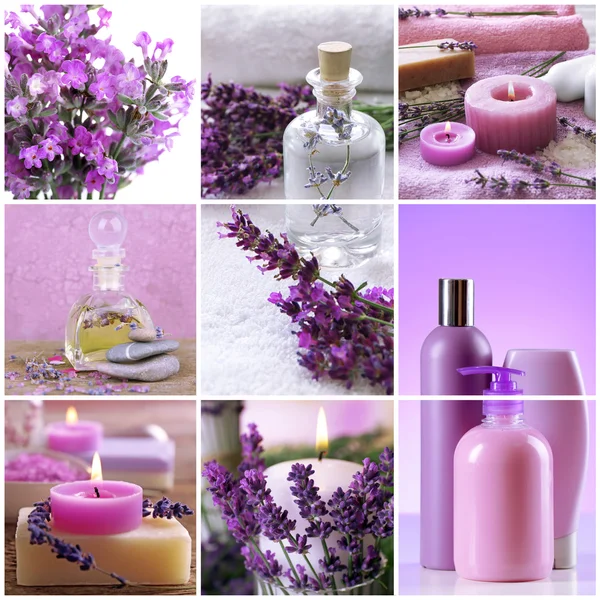 Colagem de produtos cosméticos e composições de spa. Conceito de tratamento de beleza . — Fotografia de Stock