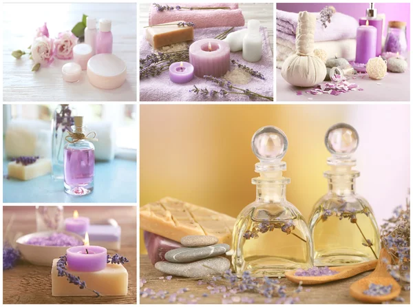 Collage de produits cosmétiques et compositions de spa. Concept de traitement beauté . — Photo