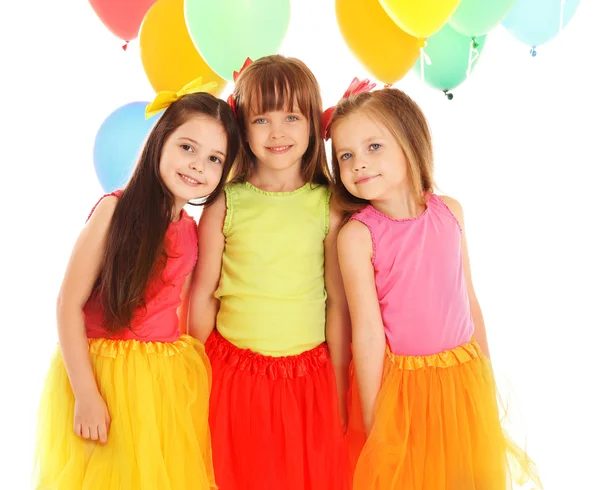 Γενέθλια Έννοια Happy Μικρά Κορίτσια Πολύχρωμα Μπαλόνια Λευκό Φόντο — Φωτογραφία Αρχείου