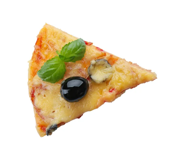 Tasty slice of pizza with olive on white background — Stockfoto