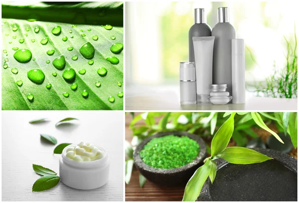 Collage de productos cosméticos y composiciones de spa. Concepto de tratamiento de belleza . — Foto de Stock