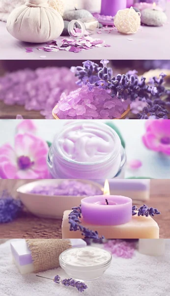 Collage de productos cosméticos y composiciones de spa. Concepto de tratamiento de belleza . — Foto de Stock