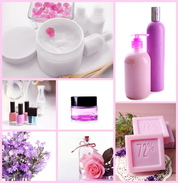 Collage de produits cosmétiques et compositions de spa. Concept de traitement beauté . — Photo