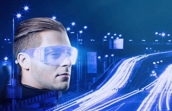 Технологии Будущей Концепции Человек Футуристических Очках — стоковое фото