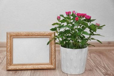 Pot ve fotoğraf çerçevesi içinde gül 